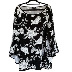 MSK Blouse Womens 3X Black White Floral Bell Sleeve Tunic Top Plus Boho